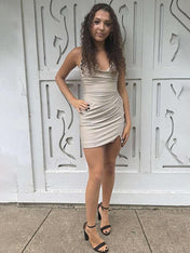 Sparkly Apricot Tight Short Beaded Homecoming Dress with Slit