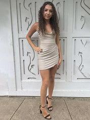 Sparkly Apricot Tight Short Beaded Homecoming Dress with Slit