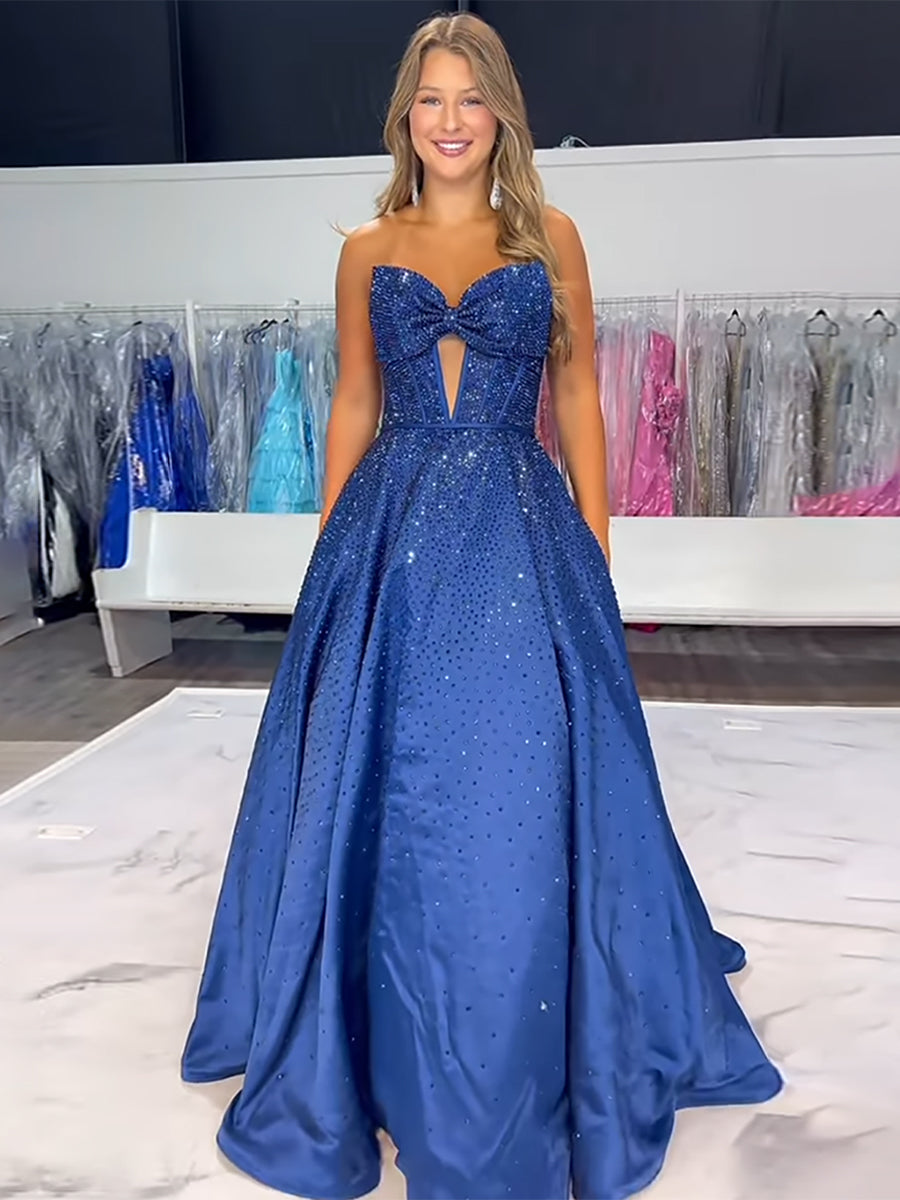 Sparkly Beaded Strapless Sweetheart Long Corset Prom Dress with Bow