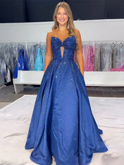 Sparkly Beaded Strapless Sweetheart Long Corset Prom Dress with Bow