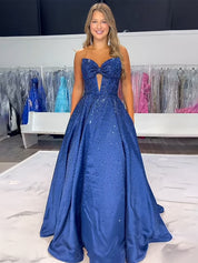 Sparkly Beaded Strapless Sweetheart Long Corset Prom Dress with Bow