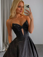 Sparkly Beaded Strapless Sweetheart Long Corset Prom Dress with Bow
