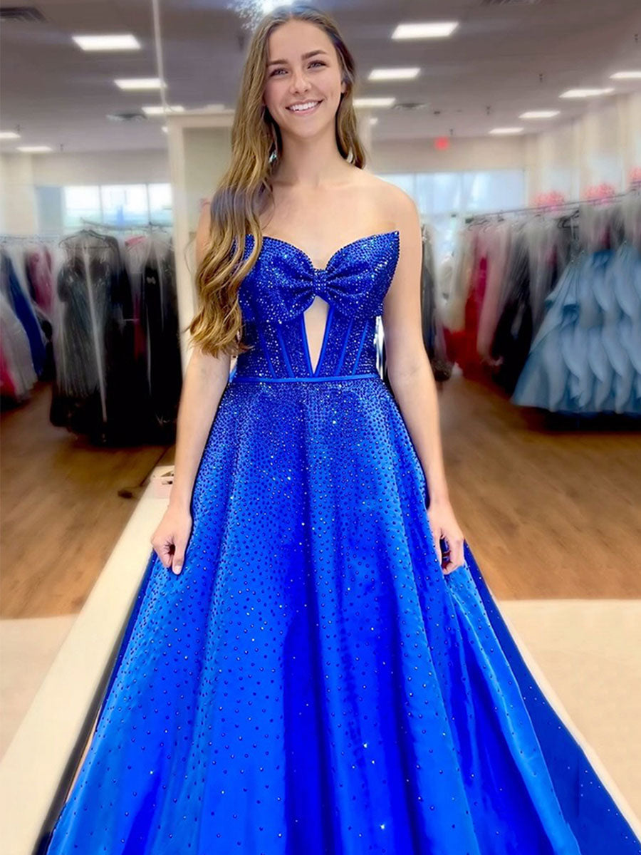 Sparkly Beaded Strapless Sweetheart Long Corset Prom Dress with Bow