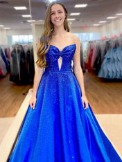 Sparkly Beaded Strapless Sweetheart Long Corset Prom Dress with Bow