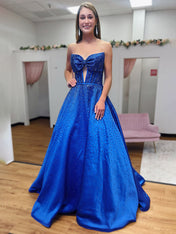 Sparkly Beaded Strapless Sweetheart Long Corset Prom Dress with Bow