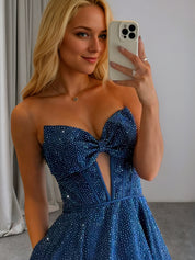 Sparkly Beaded Strapless Sweetheart Long Corset Prom Dress with Bow