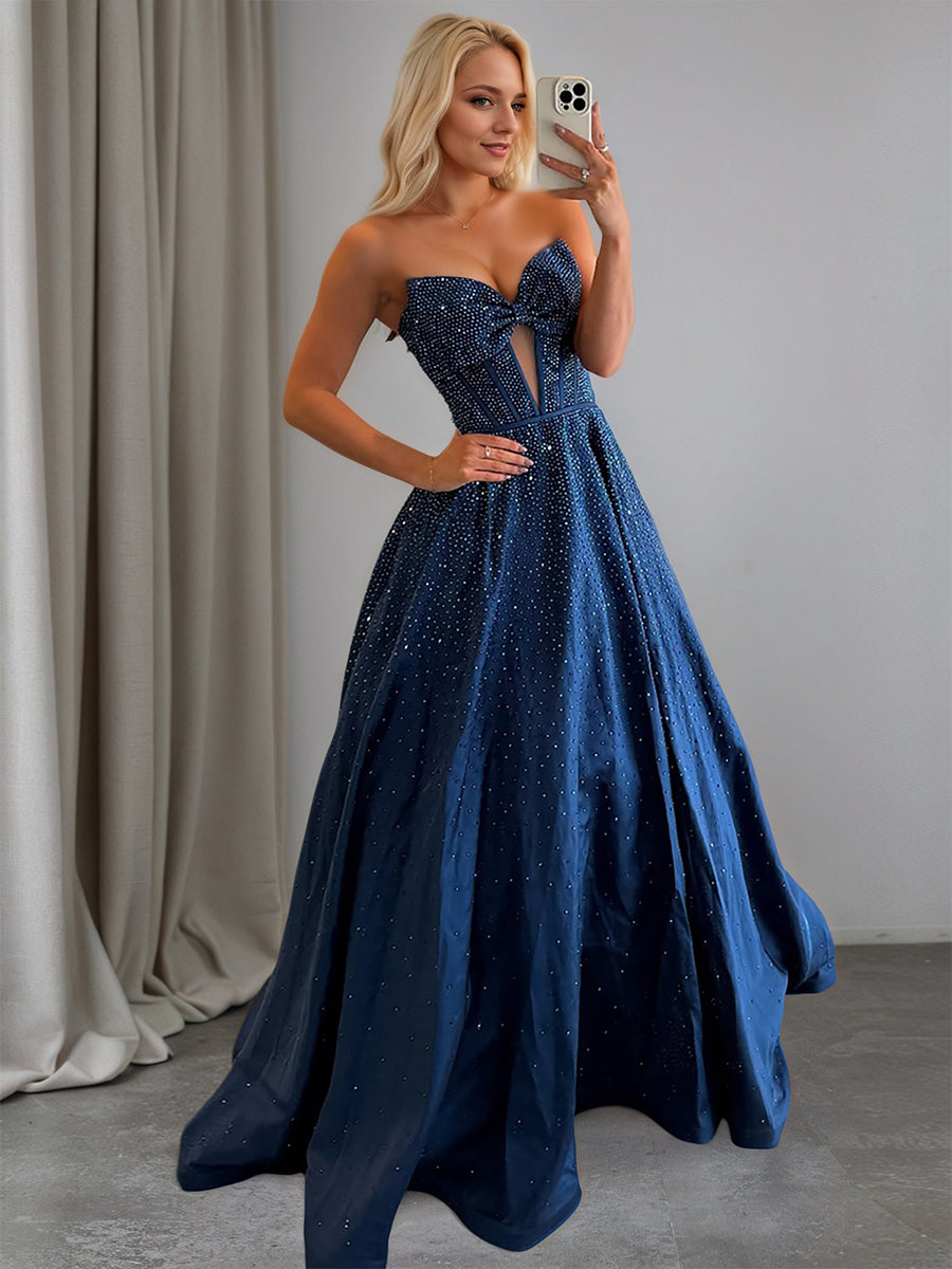 Sparkly Beaded Strapless Sweetheart Long Corset Prom Dress with Bow