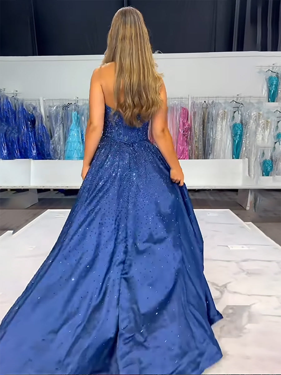 Sparkly Beaded Strapless Sweetheart Long Corset Prom Dress with Bow