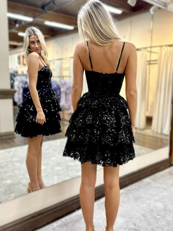 Sparkly Black A-Line Spaghetti Straps Short Homecoming Dress With Appliques