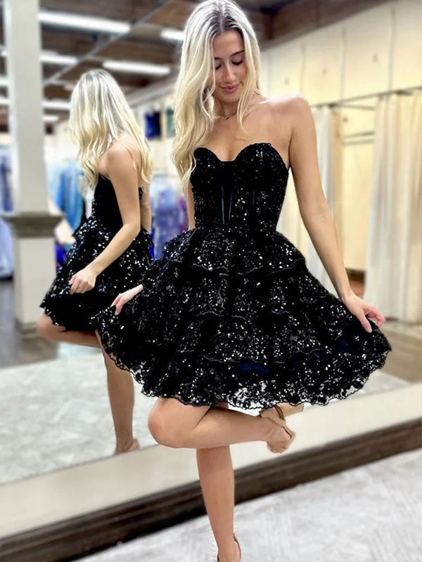 princess polly baby blue dress Sparkly Black Strapless Sequins Mini Homecoming Dress with Feathers main image 0