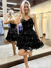 Sparkly Black A-Line Spaghetti Straps Short Homecoming Dress With Appliques