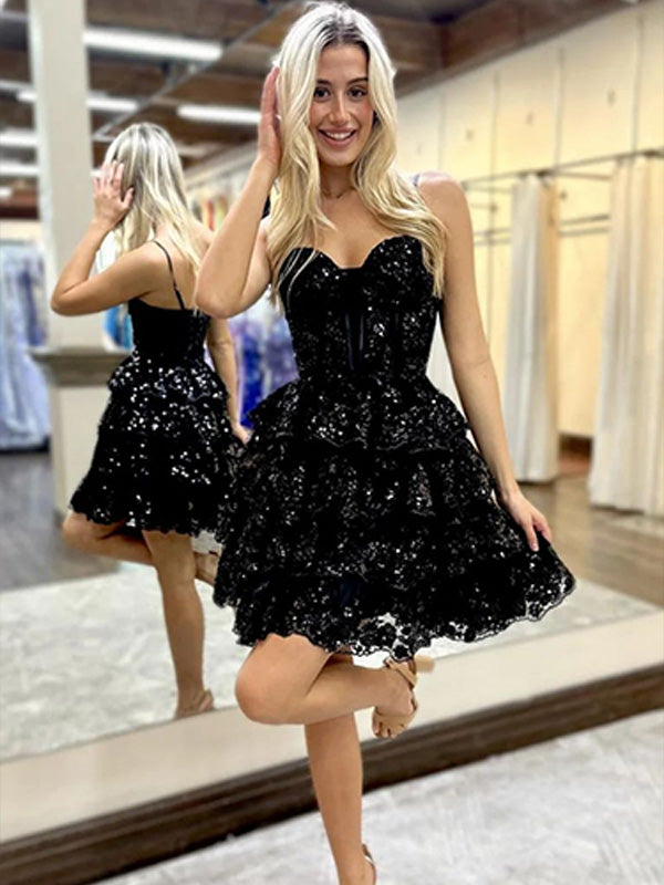 Sparkly Black A-Line Spaghetti Straps Short Homecoming Dress With Appliques