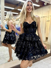 Sparkly Black A-Line Spaghetti Straps Short Homecoming Dress With Appliques