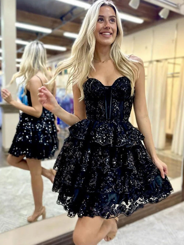Sparkly Black A-Line Spaghetti Straps Short Homecoming Dress With Appliques