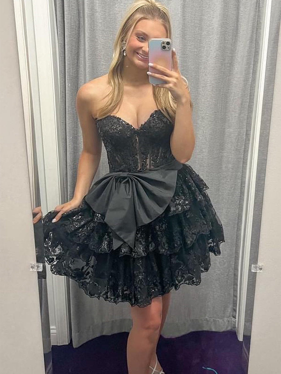 Sparkly Black A Line Sweetheart Corset Tiered Ruffle Homecoming Dress with Bows