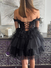 Sparkly Black Ruffled Tulle Short Corset Homecoming Dress with Lace