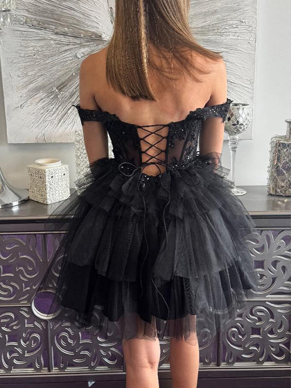 Sparkly Black Ruffled Tulle Short Corset Homecoming Dress with Lace