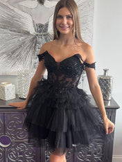 Sparkly Black Ruffled Tulle Short Corset Homecoming Dress with Lace