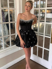 Sparkly Black Satin A Line Short Corset Homecoming Dress with Rhinestones