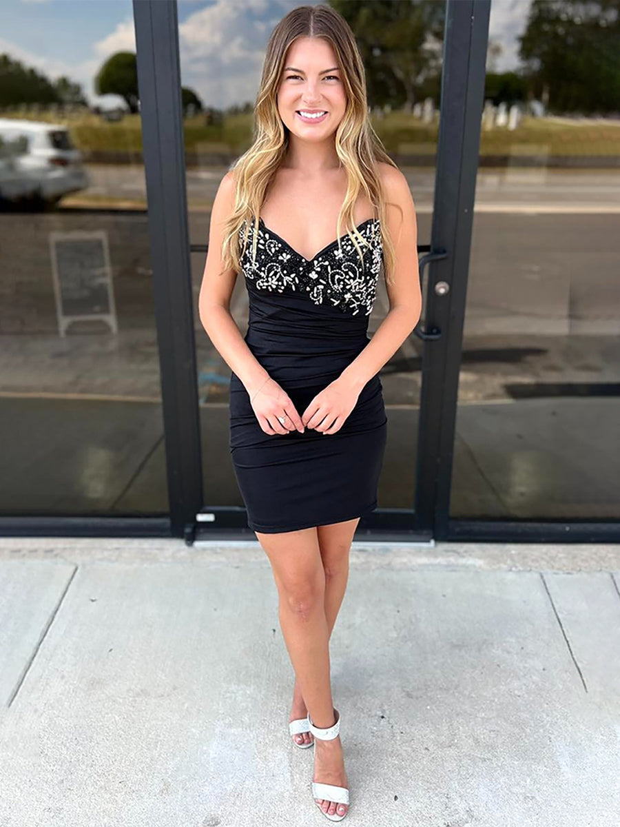 Sparkly Black Spaghetti Straps Short Tight Homecoming Dress