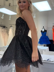 Sparkly Black Strapless Corset A Line Sweetheart Short Homecoming Dress