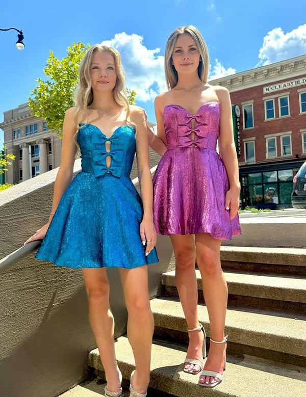Sparkly Blue A-Line Sweetheart Short Homecoming Dresses with Bows
