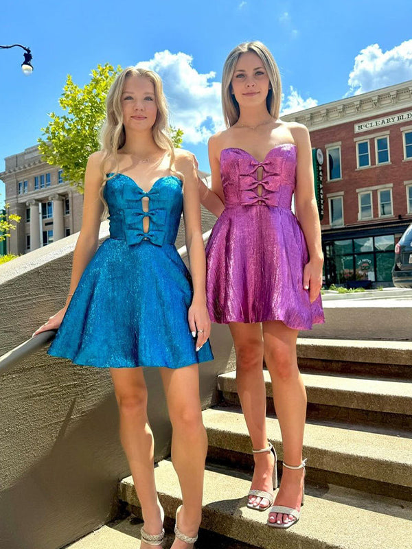 Sparkly Blue A-Line Sweetheart Short Homecoming Dresses with Bows