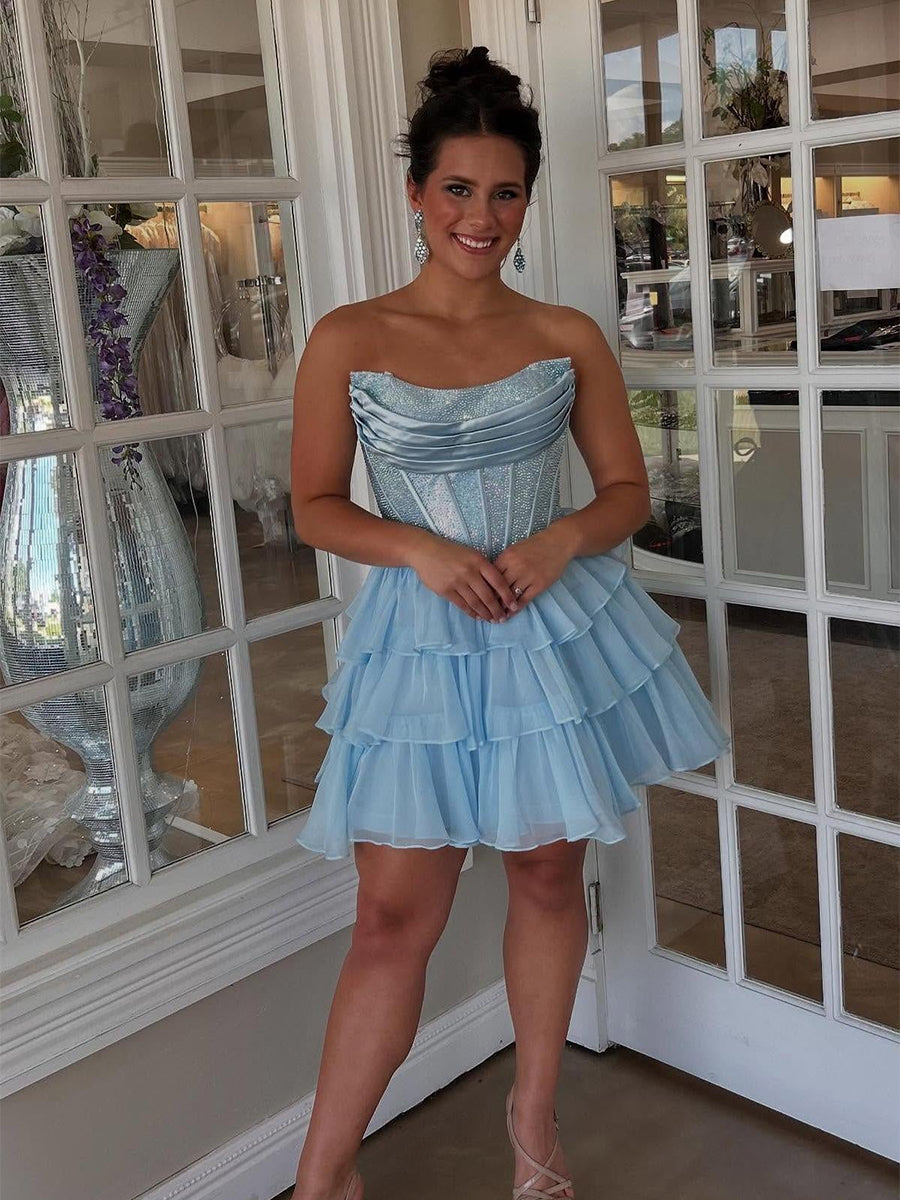 Sparkly Blue A Line Tiered Short Beaded Homecoming Dress with Ruffles