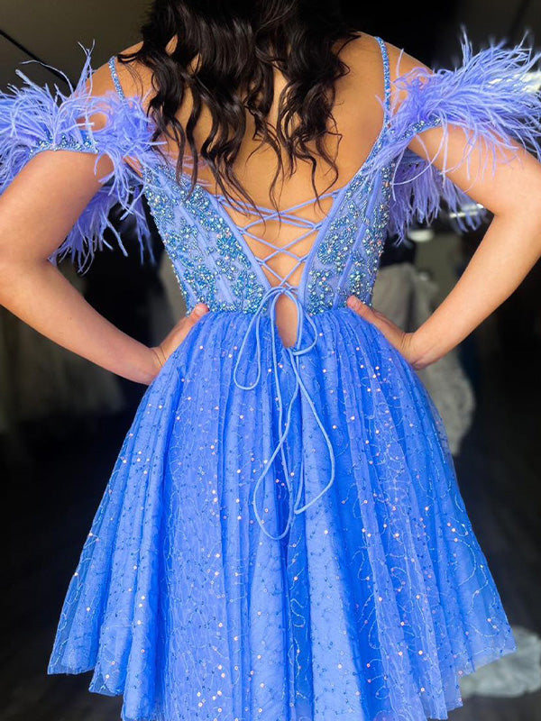 Sparkly Blue A Line V Neck Tulle Short Homecoming Dress with Feather