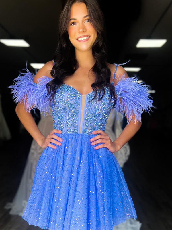 Sparkly Blue A Line V Neck Tulle Short Homecoming Dress with Feather