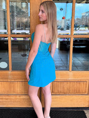 Sparkly Blue Bodycon Ruched Beaded Short Homecoming Dress with Slit