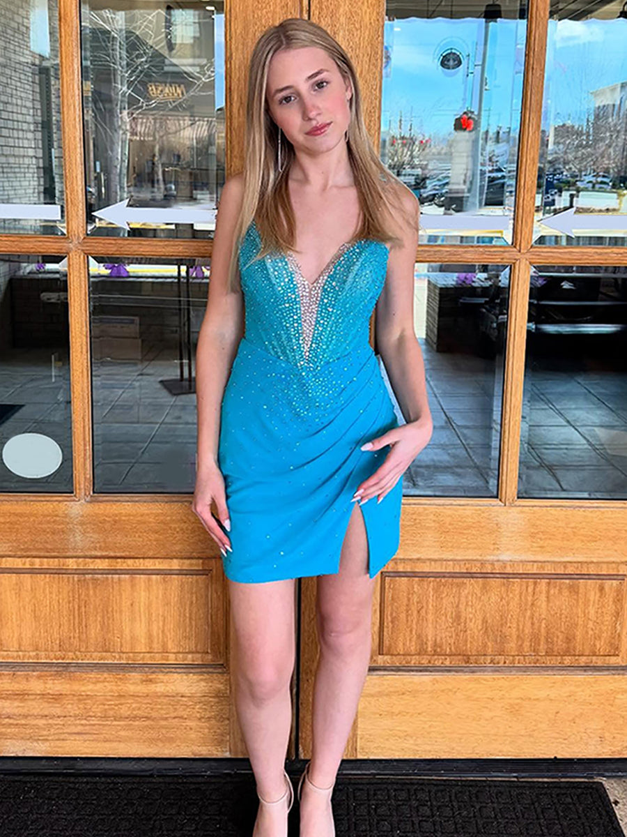 Sparkly Blue Bodycon Ruched Beaded Short Homecoming Dress with Slit