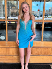 Sparkly Blue Bodycon Ruched Beaded Short Homecoming Dress with Slit