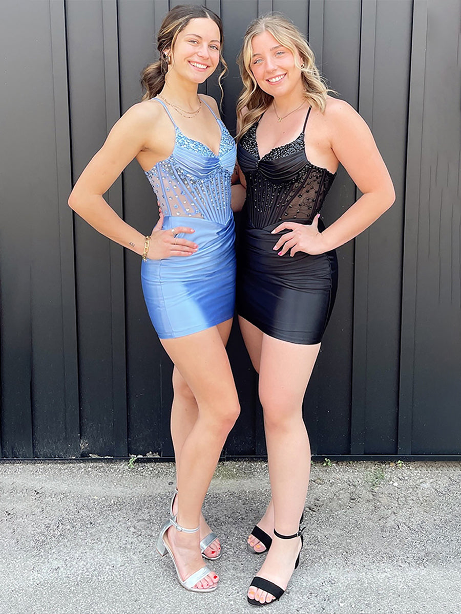 Sparkly Blue Bodycon Ruched Short Corset Homecoming Dress with Beading