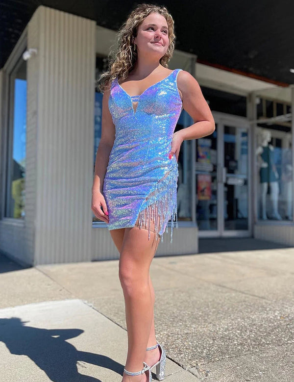 Sparkly Blue Sequins Tight Short Homecoming Dress with Fringes