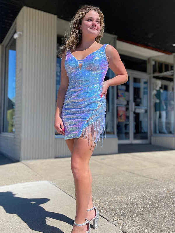 Sparkly Blue Sequins Tight Short Homecoming Dress with Fringes