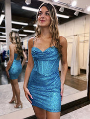 Sparkly Blue Spaghetti Straps Short Tight Homecoming Dress