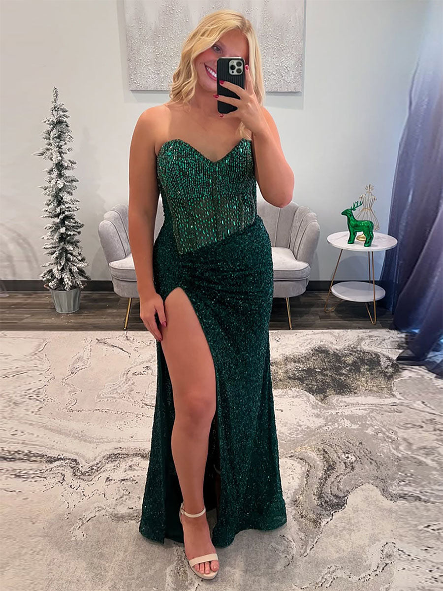 Strapless Sweetheart Sequins Bodycon Long Prom Dress with Beading