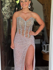 Strapless Sweetheart Sequins Bodycon Long Prom Dress with Beading