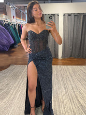 Strapless Sweetheart Sequins Bodycon Long Prom Dress with Beading
