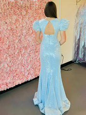 Sparkly Blue V Neck Long Puff Sleeves Prom Dress with Slit