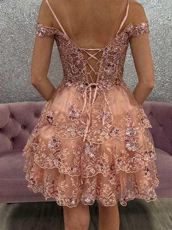 Sparkly Blush A Line Corset Short Ruffled Homecoming Dress with Lace
