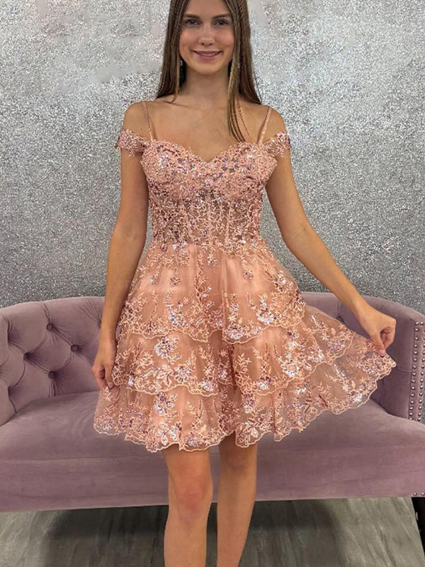 Sparkly Blush A Line Corset Short Ruffled Homecoming Dress with Lace