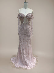 Sparkly Champagne Mermaid Off the Shoulder Long Prom Dress With Corset