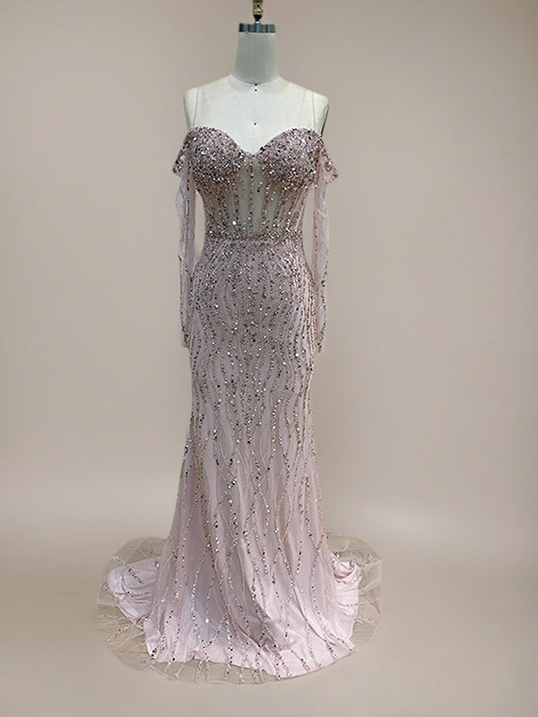 Sparkly Champagne Mermaid Off the Shoulder Long Prom Dress With Corset
