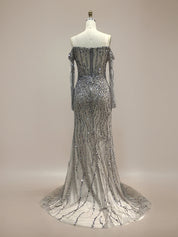 Sparkly Champagne Mermaid Off the Shoulder Long Prom Dress With Corset