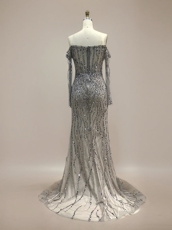 Sparkly Champagne Mermaid Off the Shoulder Long Prom Dress With Corset