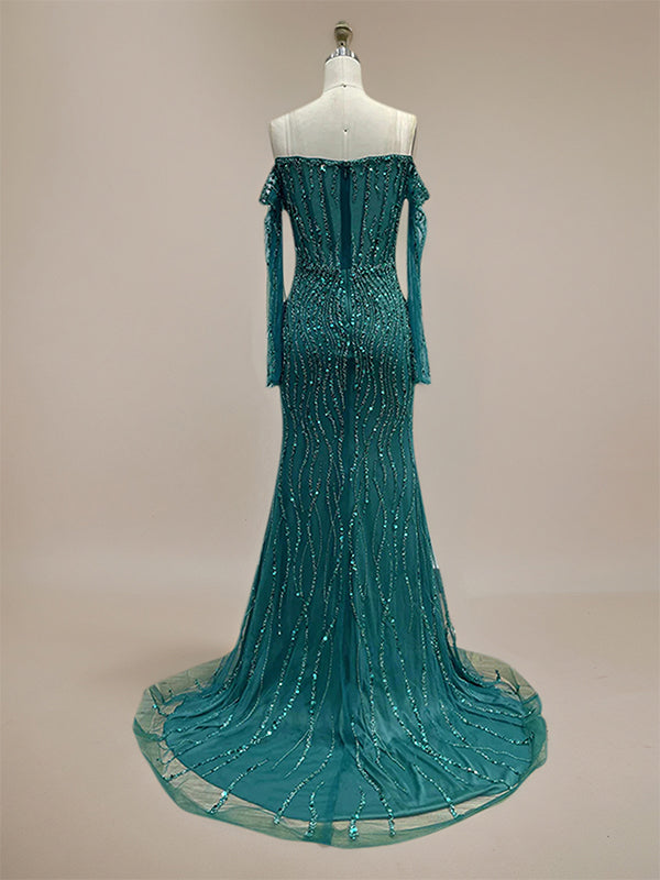 Sparkly Champagne Mermaid Off the Shoulder Long Prom Dress With Corset