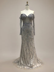 Sparkly Champagne Mermaid Off the Shoulder Long Prom Dress With Corset