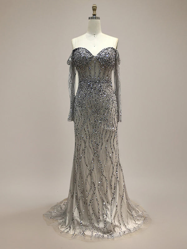 Sparkly Champagne Mermaid Off the Shoulder Long Prom Dress With Corset